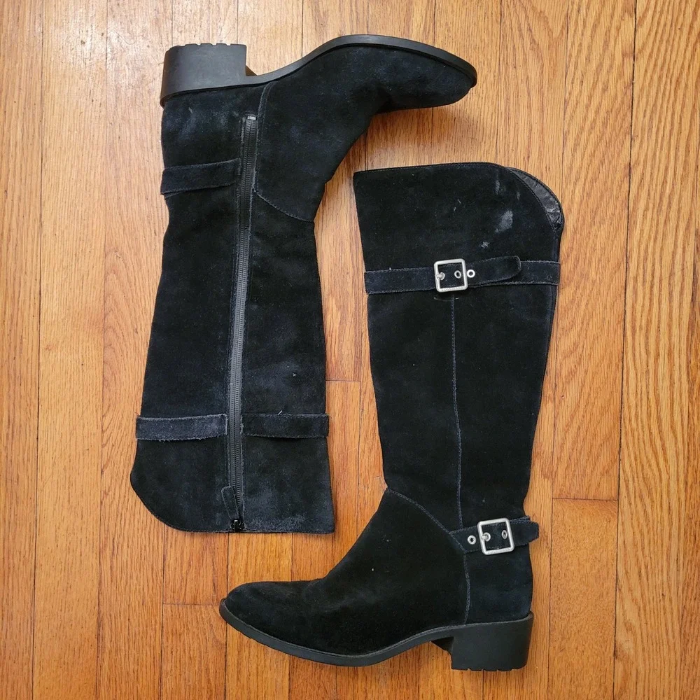 Cole Haan INDIANA Black Suede Waterproof Riding Knee High Boots‎ 7.5 Side Zip